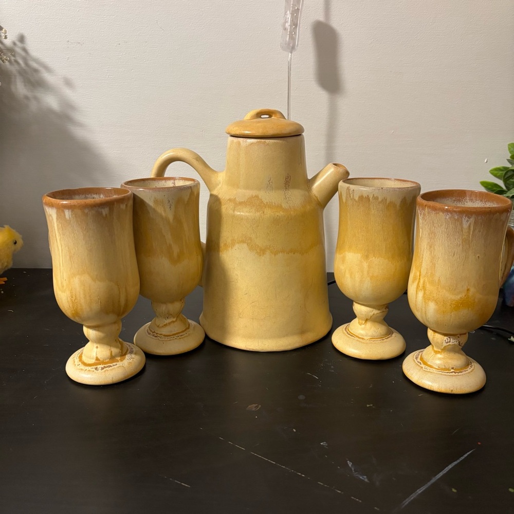 Vintage 70s Style Mustard Drip Glaze Coffee Set Teapot 4 Mugs boho cottage-core